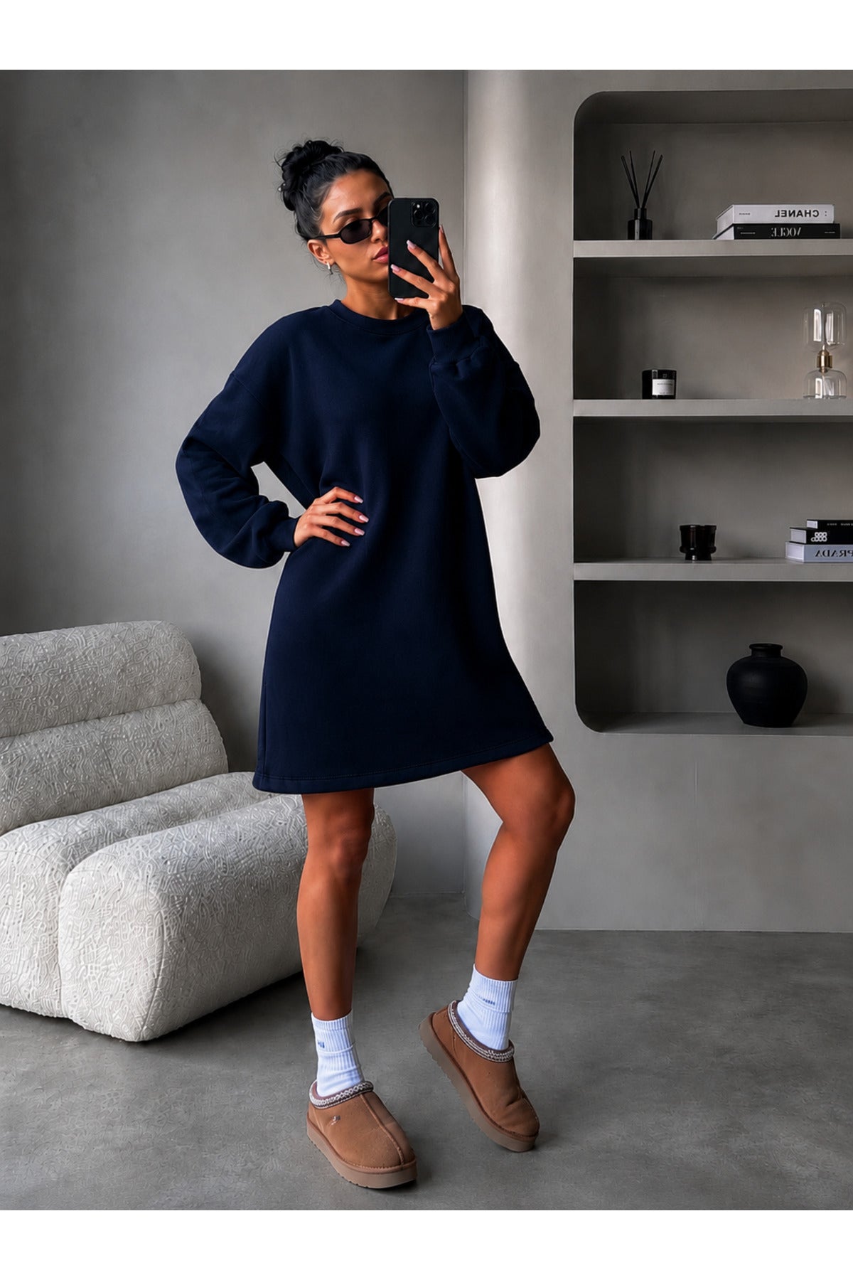 Kadin 3 İ̇pli̇k Yeni̇ Uzun Kollu Bi̇si̇klet Yaka Rahat Sweatshirt Elbi̇se - Lacivert - 1