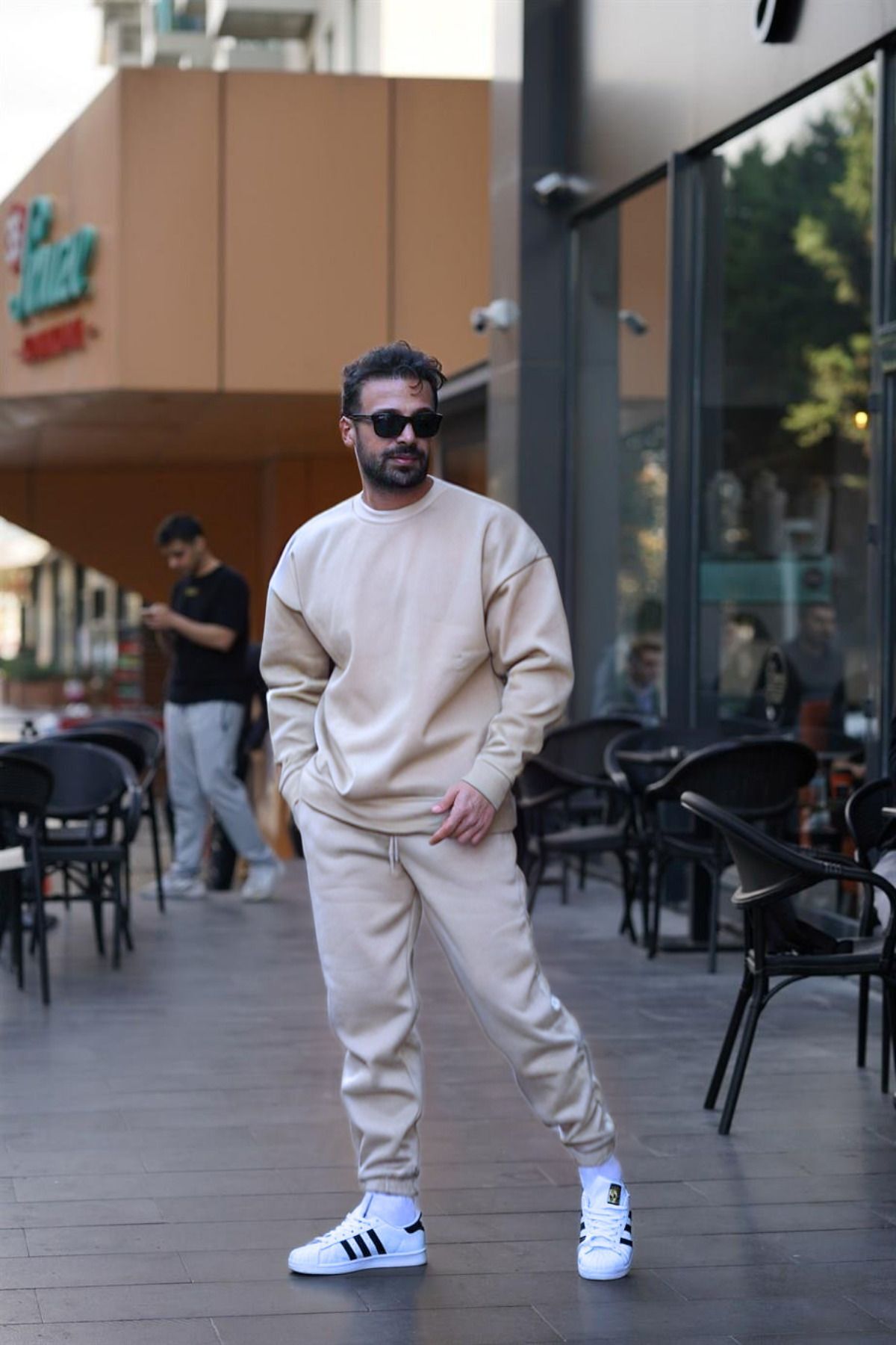 Erkek Unisex 3 İ̇plik Bej Takim Bisiklet Yaka Sweatshirt Ve Eşofman Altı - Bej - 4