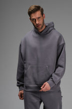 Erkek Rahat Kalıp Spor Ve Günlük Kapşonlu Sweatshirt - Füme - 2