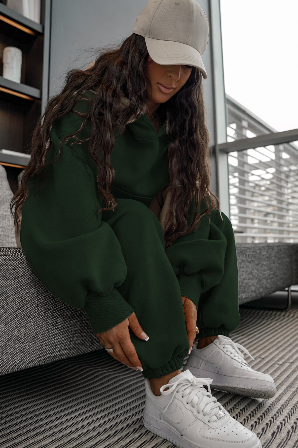 Kadin 3i̇pli̇k Oversi̇ze Basi̇c Kapşonlu Eşofman Takimi - Koyu Yeşil - 3
