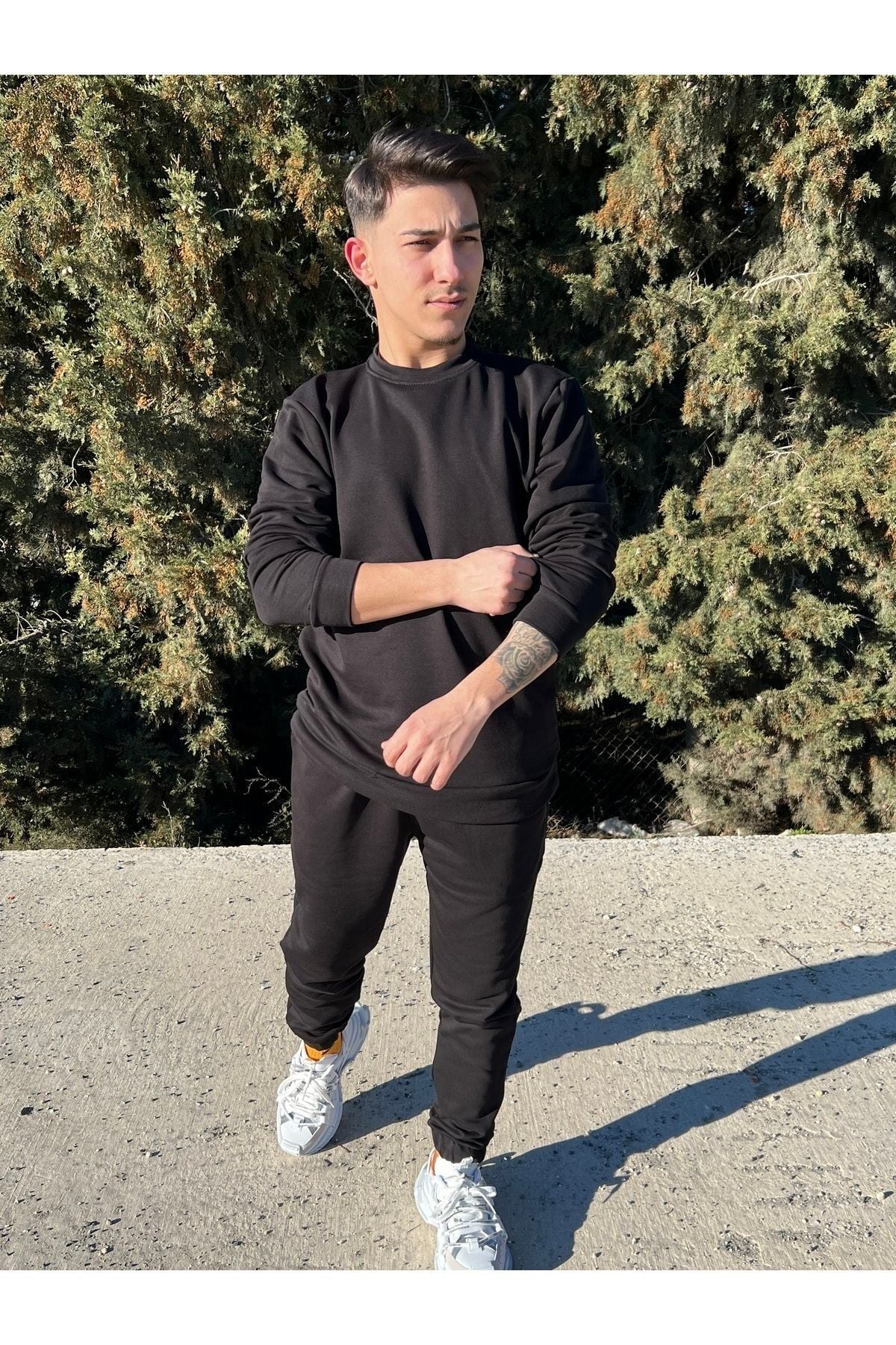 Erkek Siyah Bisiklet Yaka Eşofman Takımı Regular Fit - Siyah - 1