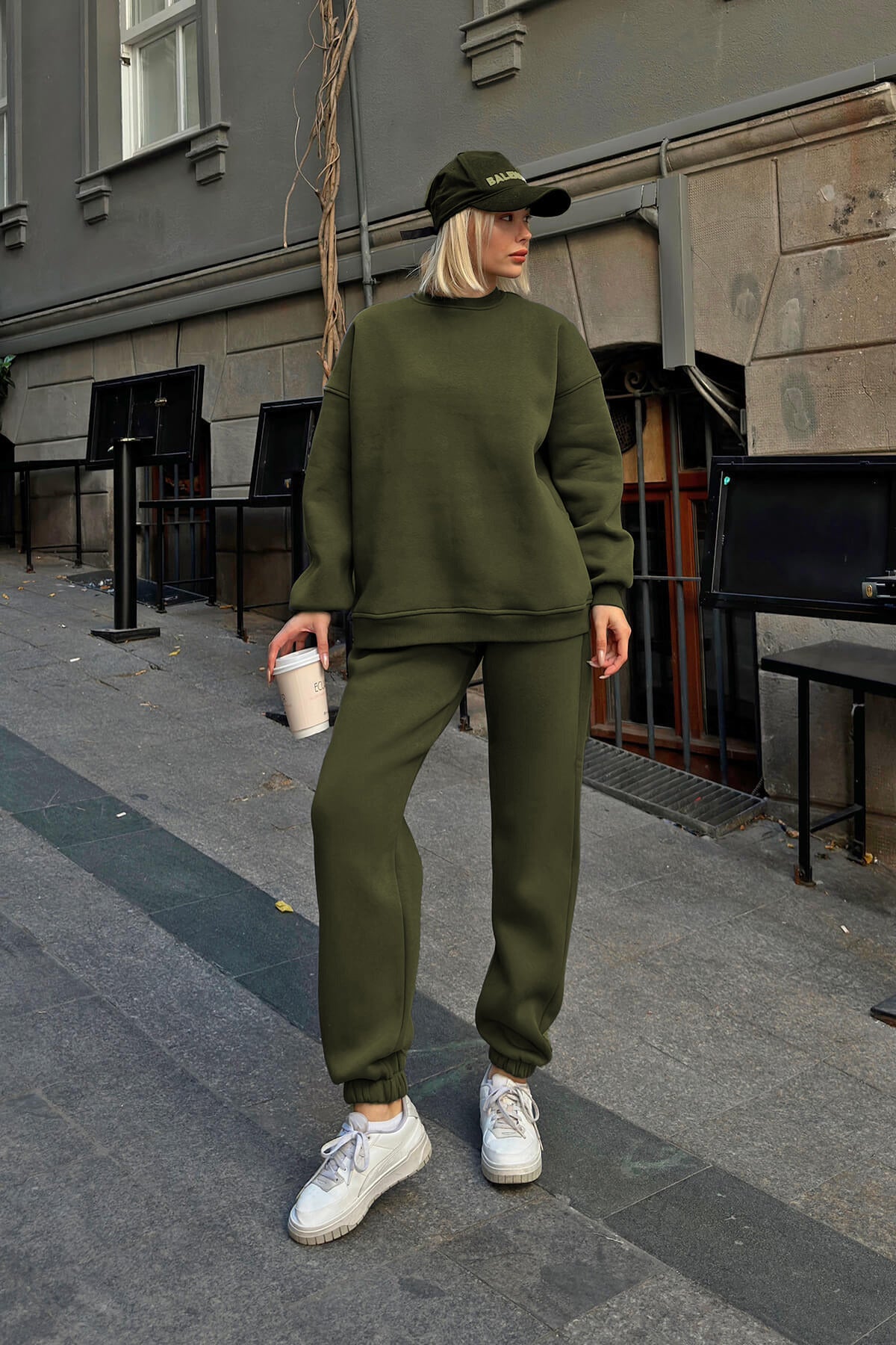 Oversize İçi Tüylü Bisiklet Yaka Eşofman Takımı - Haki - 3