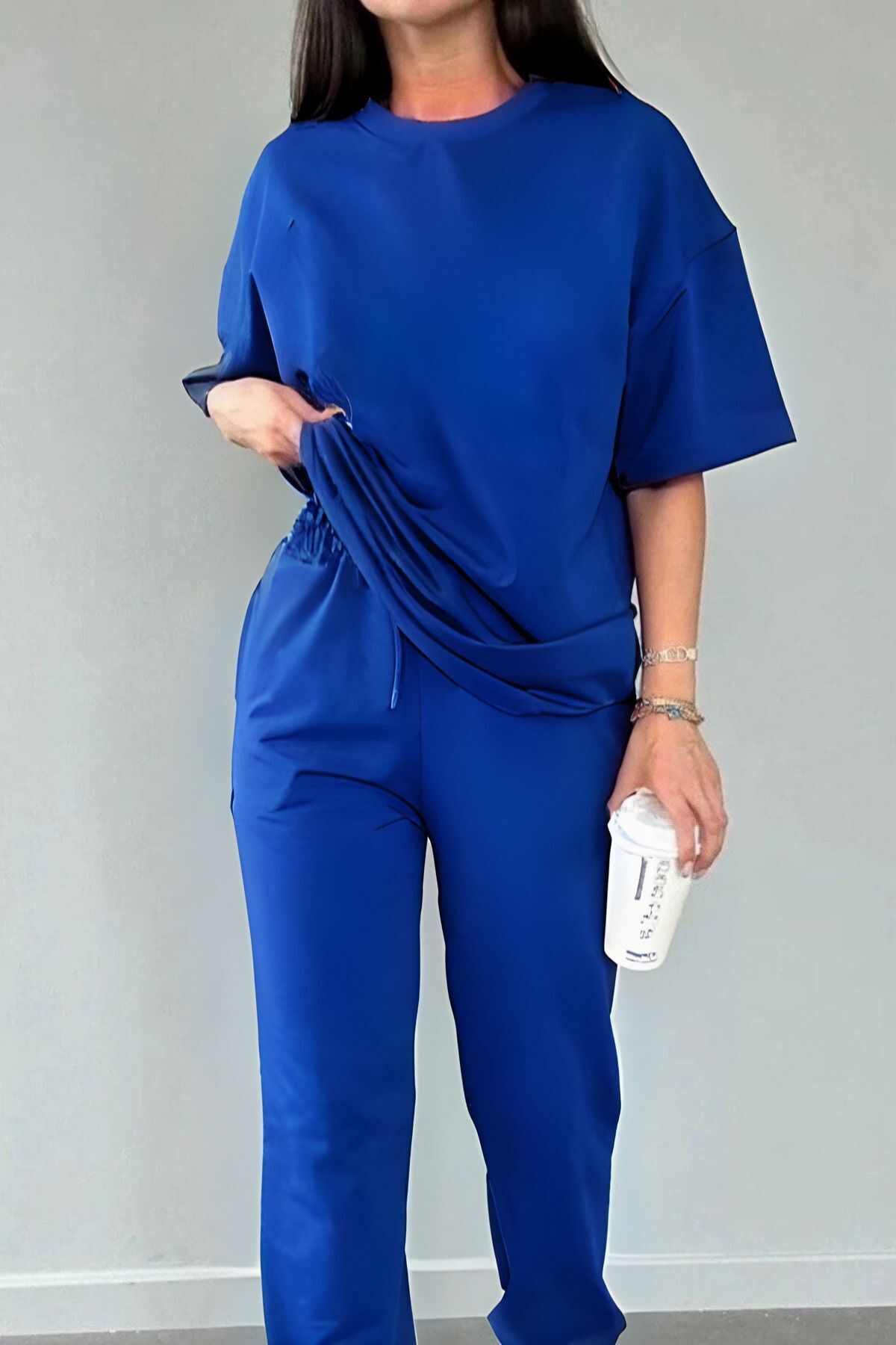 Kadın Saks Mavi̇ Rahat Penye Pijama Takımı - SAKS - 1