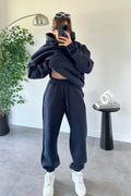 Kadın Oversize Trend Model Kanguru Cep Kapşonlu Sweatshirt Eşofman Takımı - Lacivert - 1