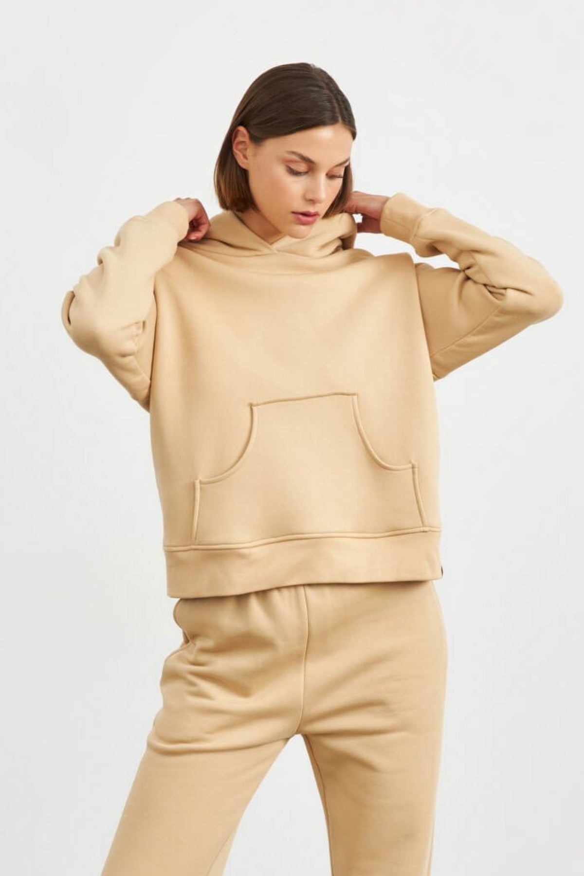 Kadın Yumuşak Kumaş Geniş Kalıp Hoodie Sweatshirt - Vizon - 2