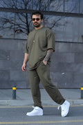 Erkek Gündelik Kısa Kollu T-shirt Pijama Takımı - Haki - 1