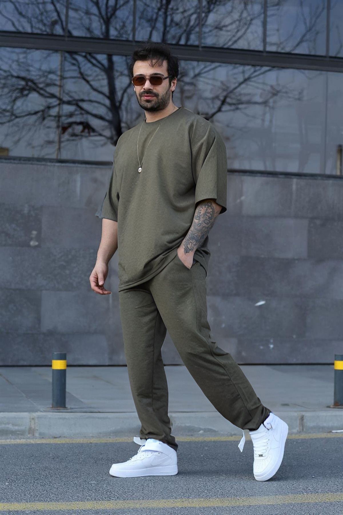 Erkek Gündelik Kısa Kollu T-shirt Pijama Takımı - Haki - 1