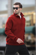 Erkek Yarım Fermuarlı Dik Yaka Oversize 3 İ̇plik Şardonlu Sweatshirt - Kırmızı - 1