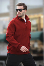 Erkek Yarım Fermuarlı Dik Yaka Oversize 3 İ̇plik Şardonlu Sweatshirt - Kırmızı - 1