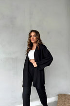Kadın Dökümlü Bürümcük Yazlık Süper Yüksek Bel Kimono Takım - Siyah - 2