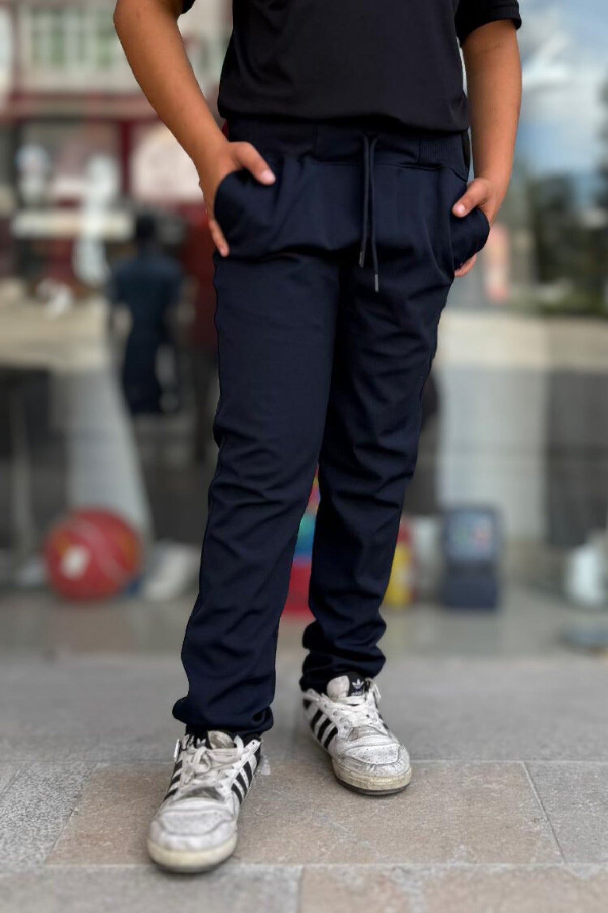 Çocuk Trend Beli Bağlamalı Ayarlanabilir Ortaokul Okul Pantolon - Lacivert - 1