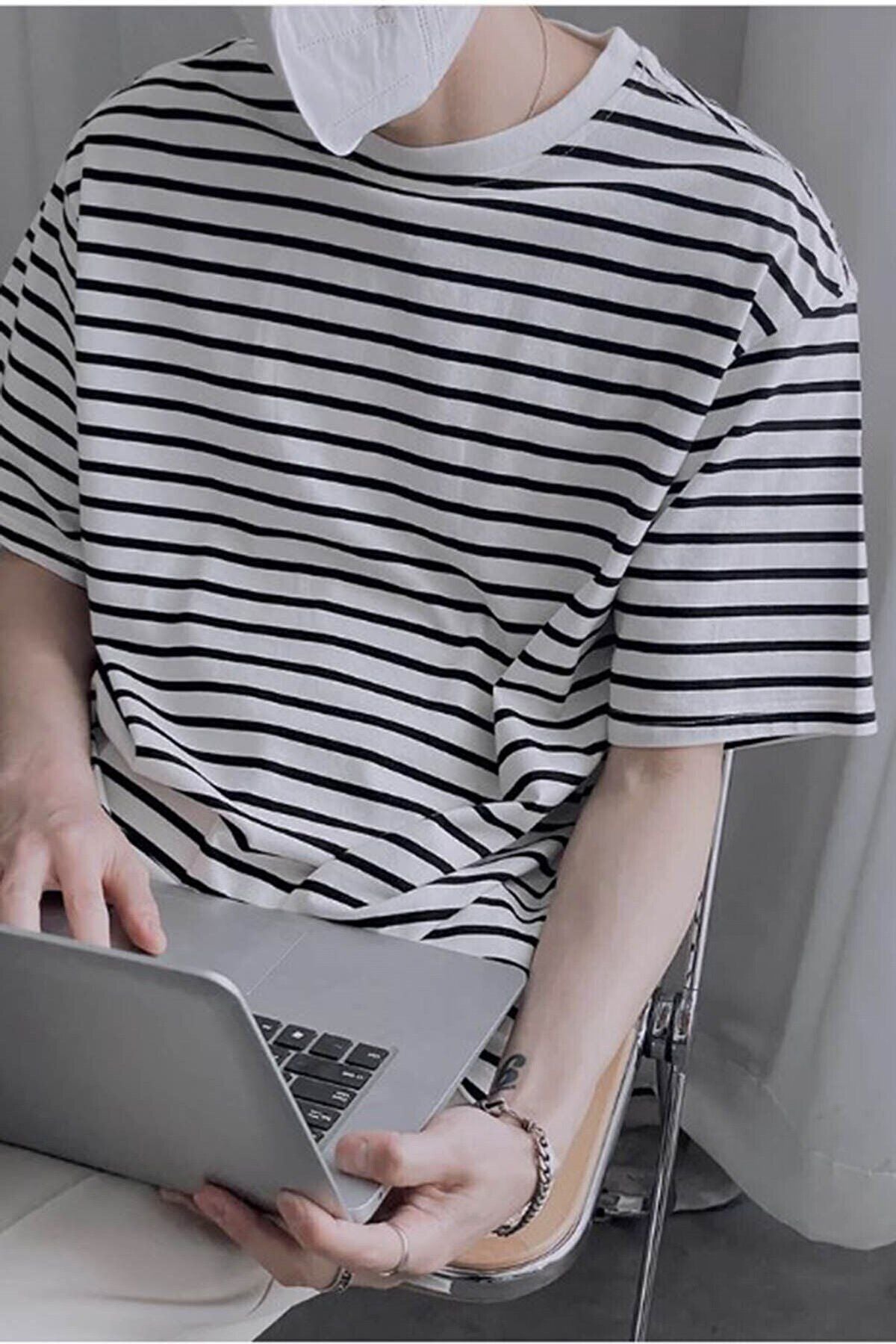 Erkek Oversize Penye T-shirt - SİYAH ÇİZGİLİ - 3