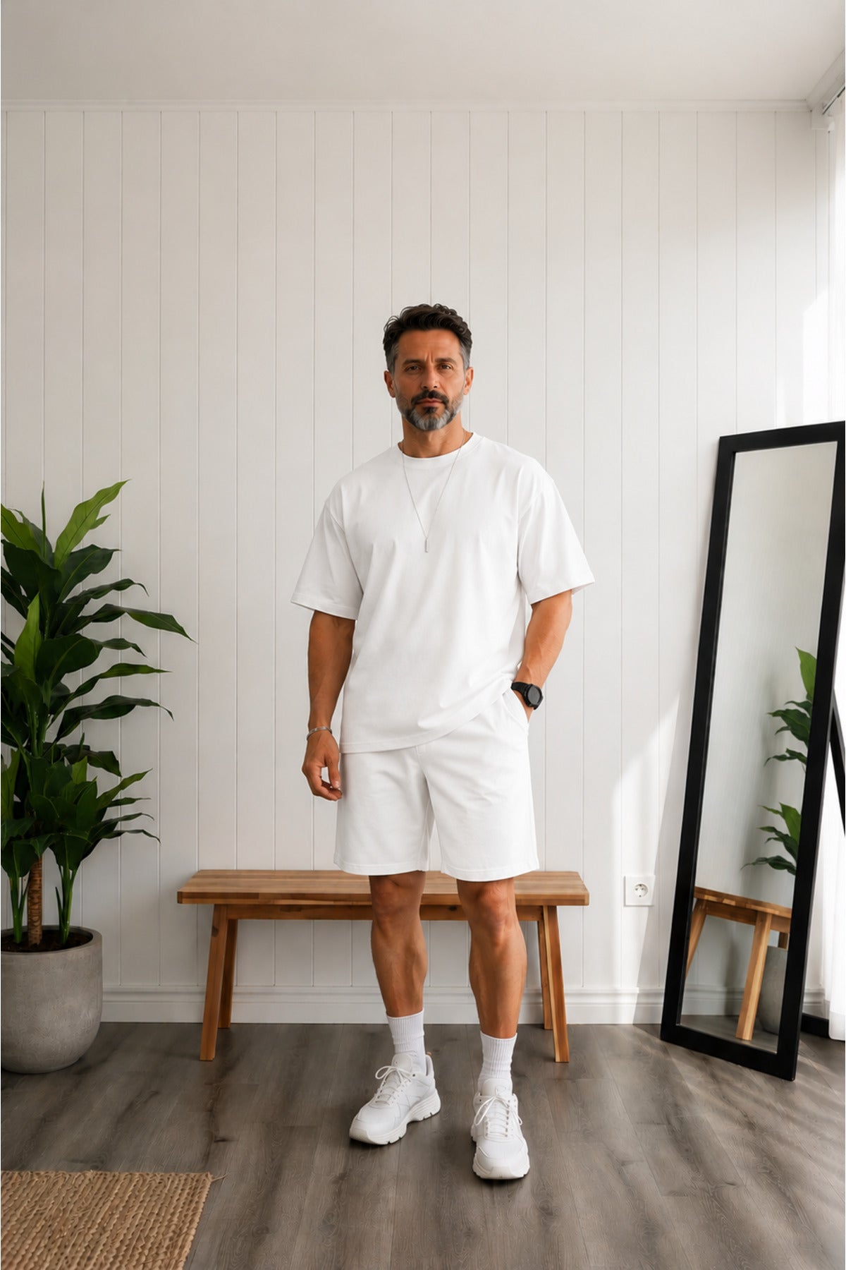 Erkek Oversize Basic Tişört Şort Takım Günlük Kısa Kollu Yazlık Eşofman Takımı - Beyaz - 1