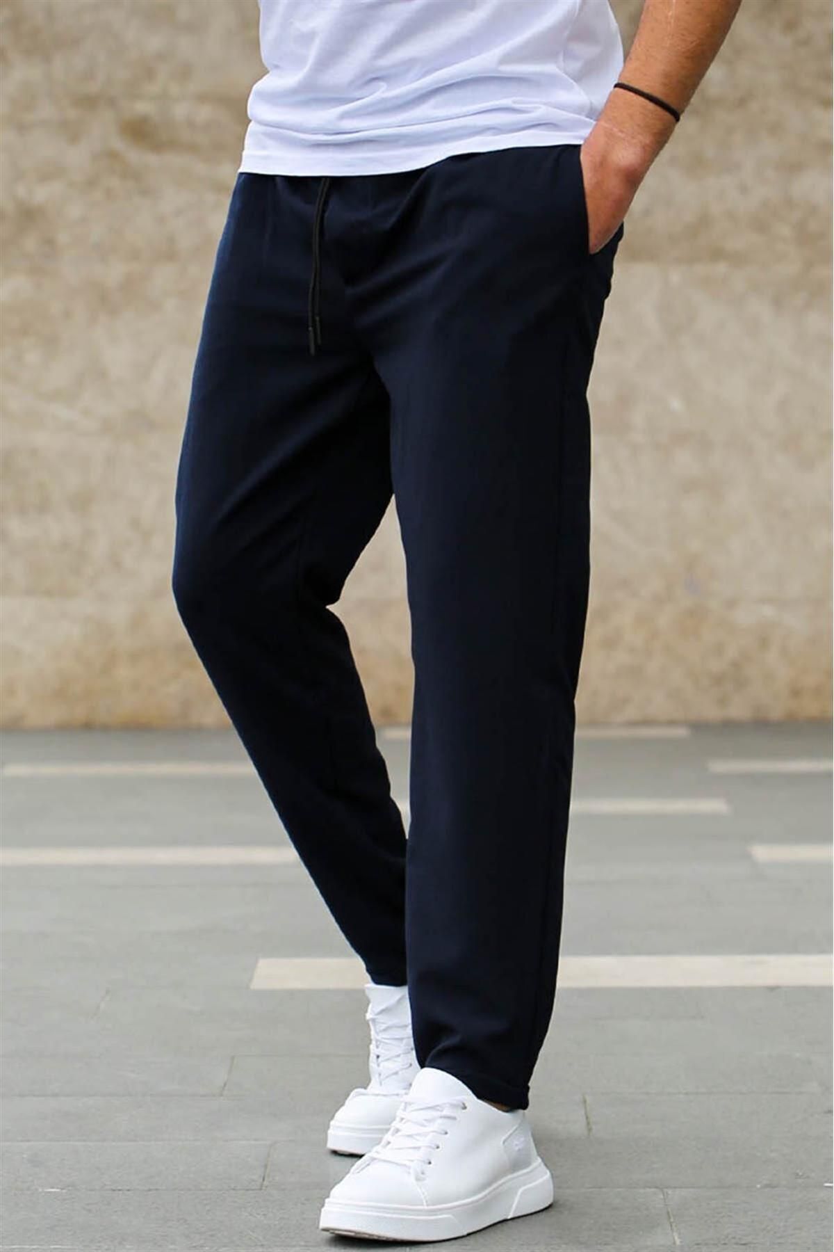 Erkek Duble Paça Bi̇lek Boy Dokuma Kumaş Beli̇ Lasti̇kli̇ Jogger Pantolon - Lacivert - 1