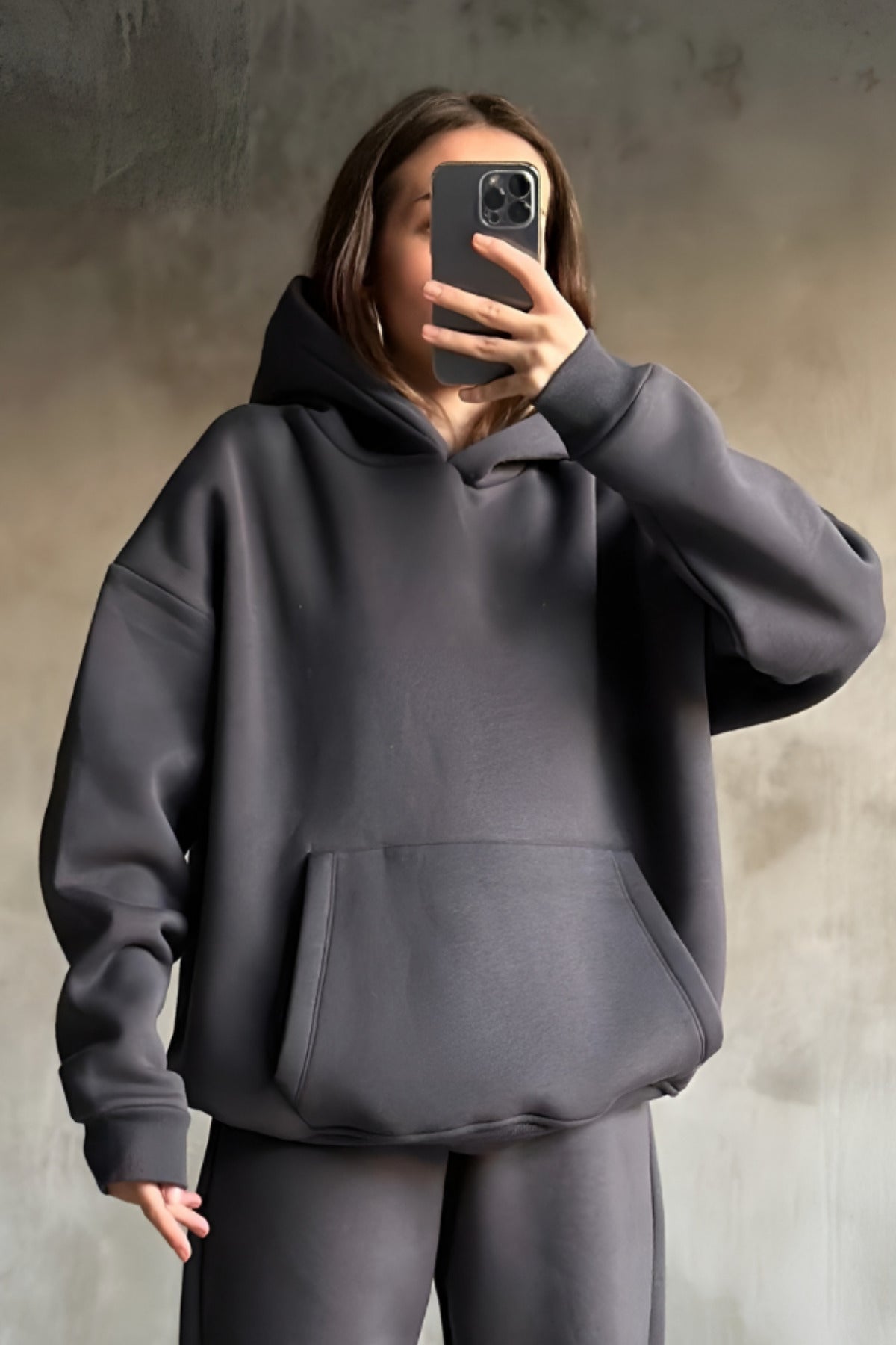 İ̇çi Pamuklu Bol Kalıp Sweatshirt - Füme - 3