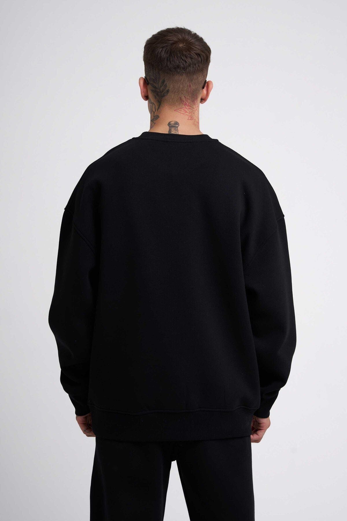 Erkek 3 İ̇plik Kalın Bisiklet Yaka Sweatshirt - Siyah - 2