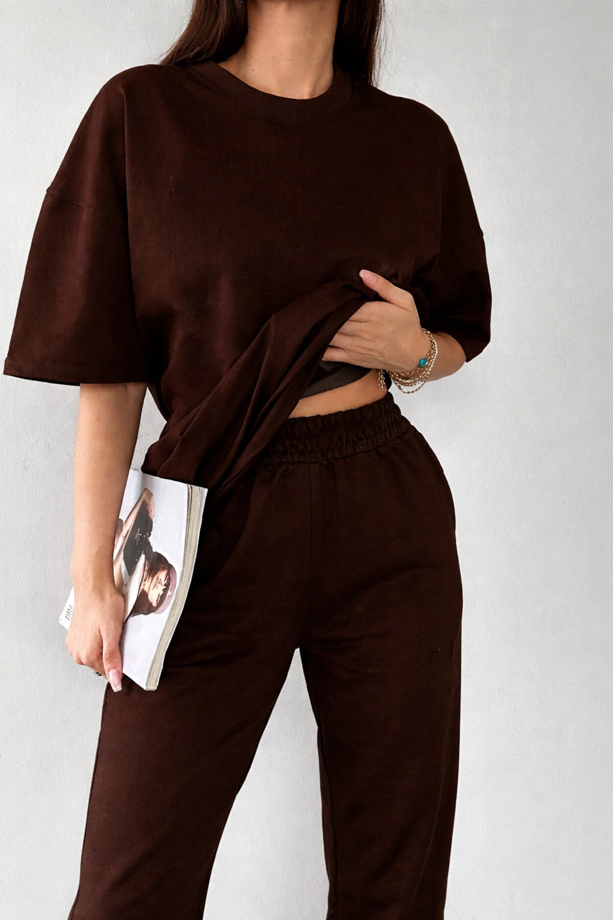 Kadın Kısa Kollu Penye Pijama Takımı Oversize Bisiklet Yaka - Kahverengi - 2