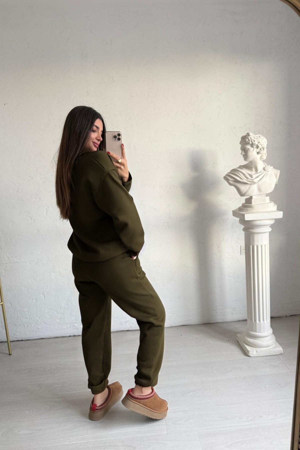 Kadın 3 İ̇plik Oversize Bisiklet Yaka Eşofman Takımı - Haki - 2