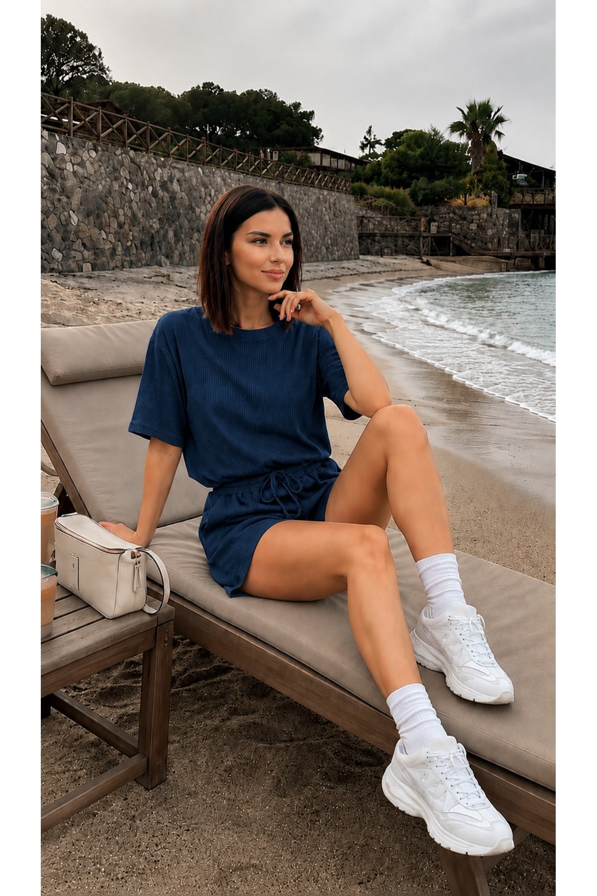 Kadin Kisa Kollu Premium Esnek Sahi̇l Ve Tati̇l Kullanimina Uygun Yazlik Fi̇ti̇lli̇ Şort T-shirt Takim - Lacivert - 2