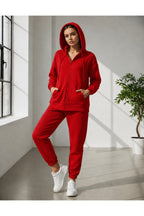 Kadin 3 İ̇pli̇ş Kapüşonlu Fermuarli Sweatshirt Hirka Yüksek Bel Jogger Eşofman Takimi - Kırmızı - 2