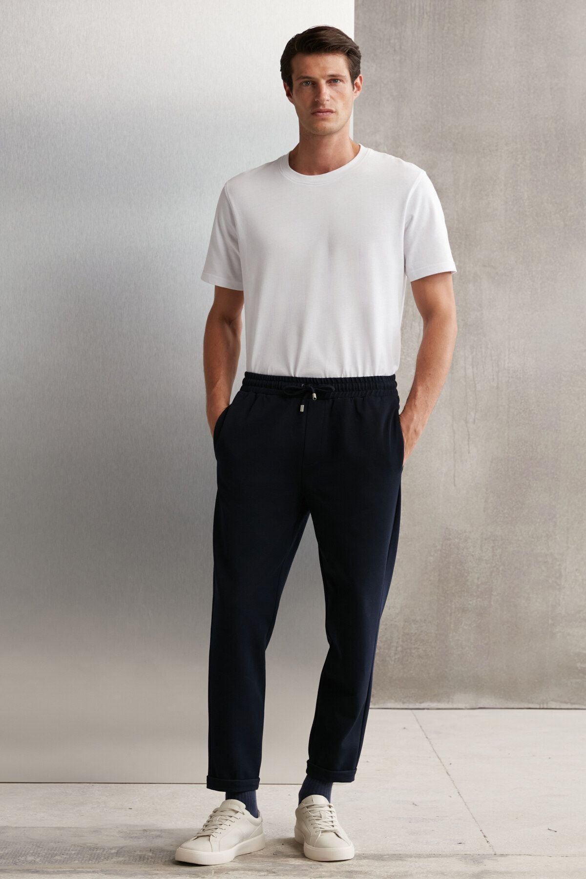 Erkek Duble Paça Jogger Dokuma Kumaş Pantolon - Lacivert - 1