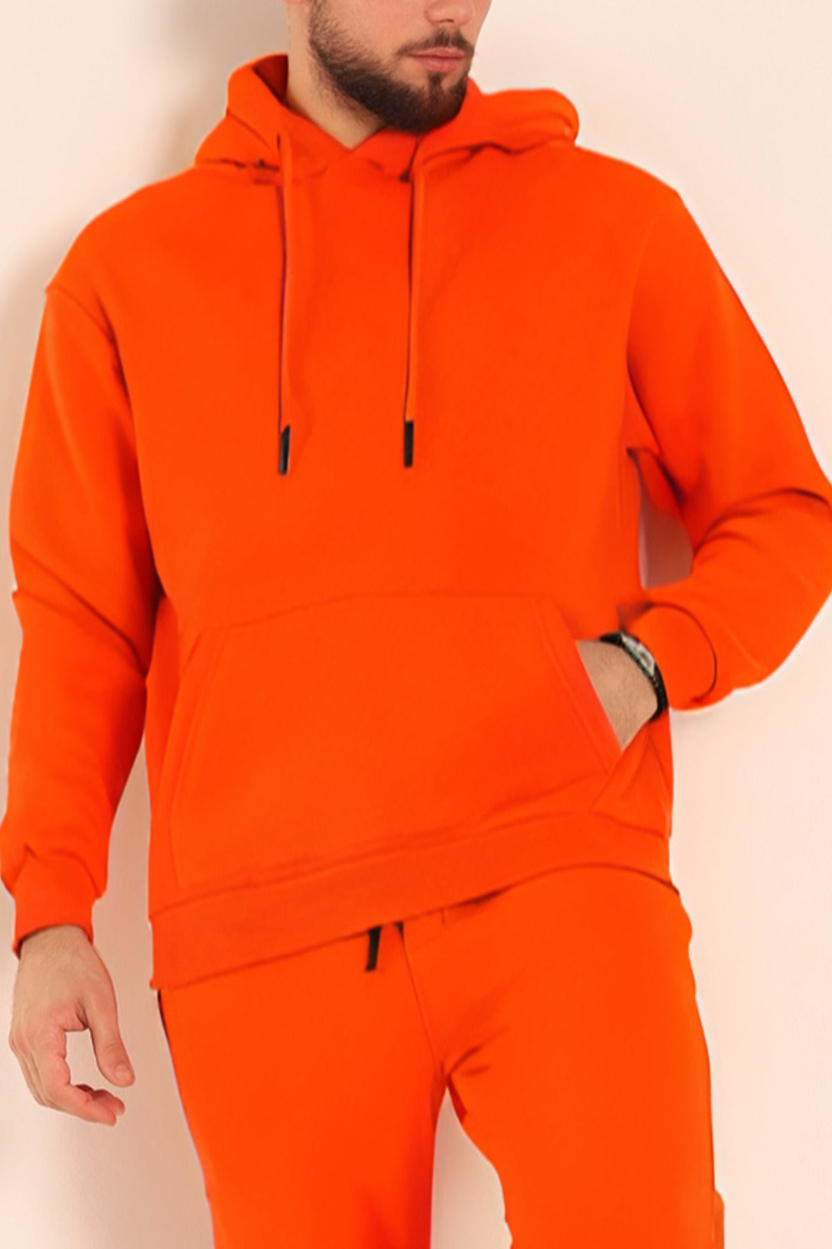 Erkek Rahat Kalın Pamuklu Kışlık Sweatshirt - Turuncu - 1