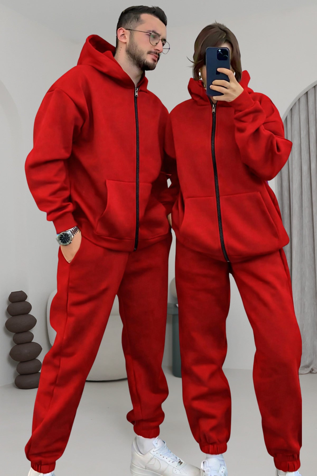 Çiftlere Özel Basic Oversize Kapşonlu Eşofman Takımı - Kırmızı - 1