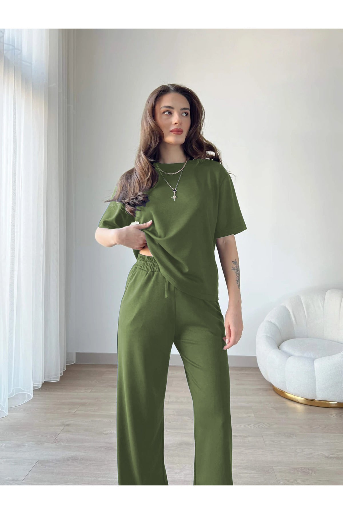 Kadın Modal Penye Full Esnek Süper Yüksek Bel Alt Üst Takım - Yeşil - 1