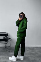 Kadın Oversize Trend Model Kanguru Cep Kapşonlu Sweatshirt Eşofman Takımı - Koyu Yeşil - 4