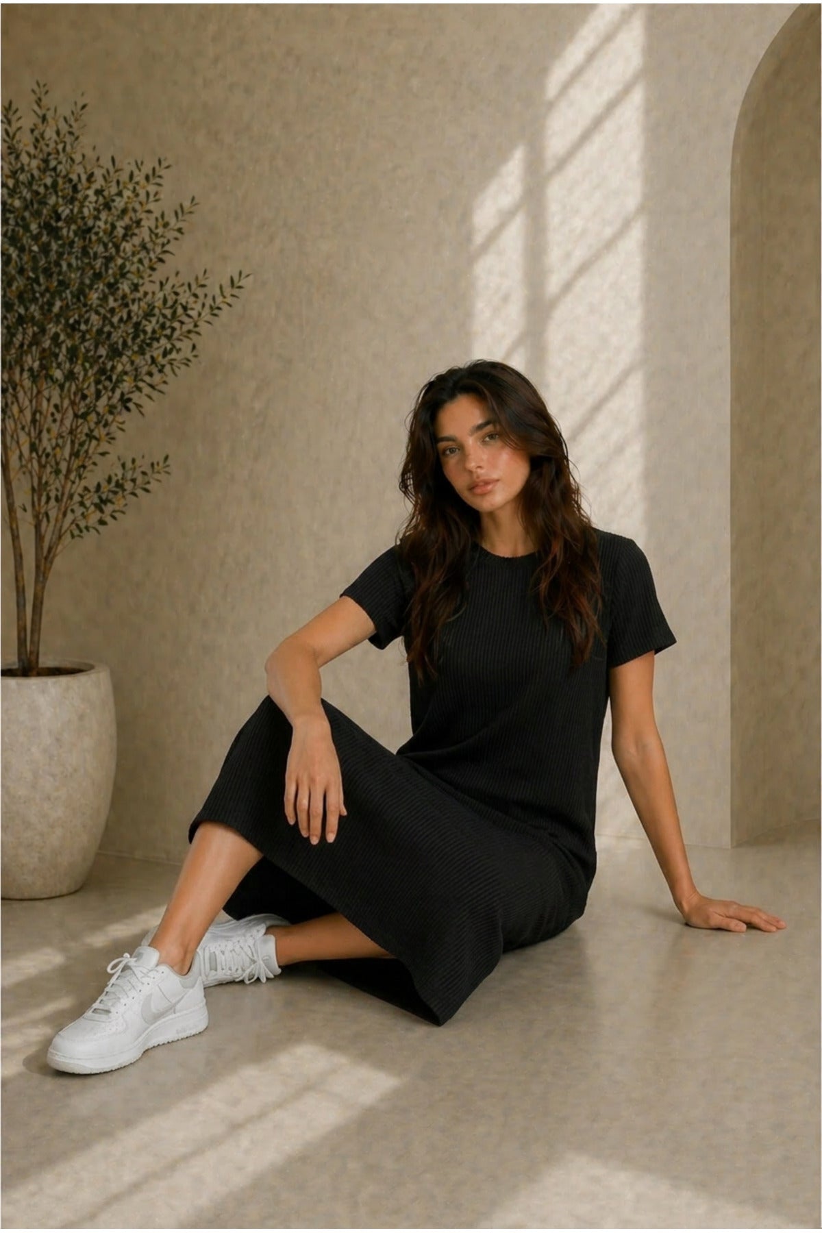 Kadın Fitilli Oversize Basic Bisiklet Yaka Elbise Günlük Rahat Kalıp - Siyah - 1