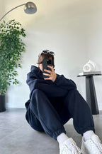 Kadın Oversize Trend Model Kanguru Cep Kapşonlu Sweatshirt Eşofman Takımı - Lacivert - 4