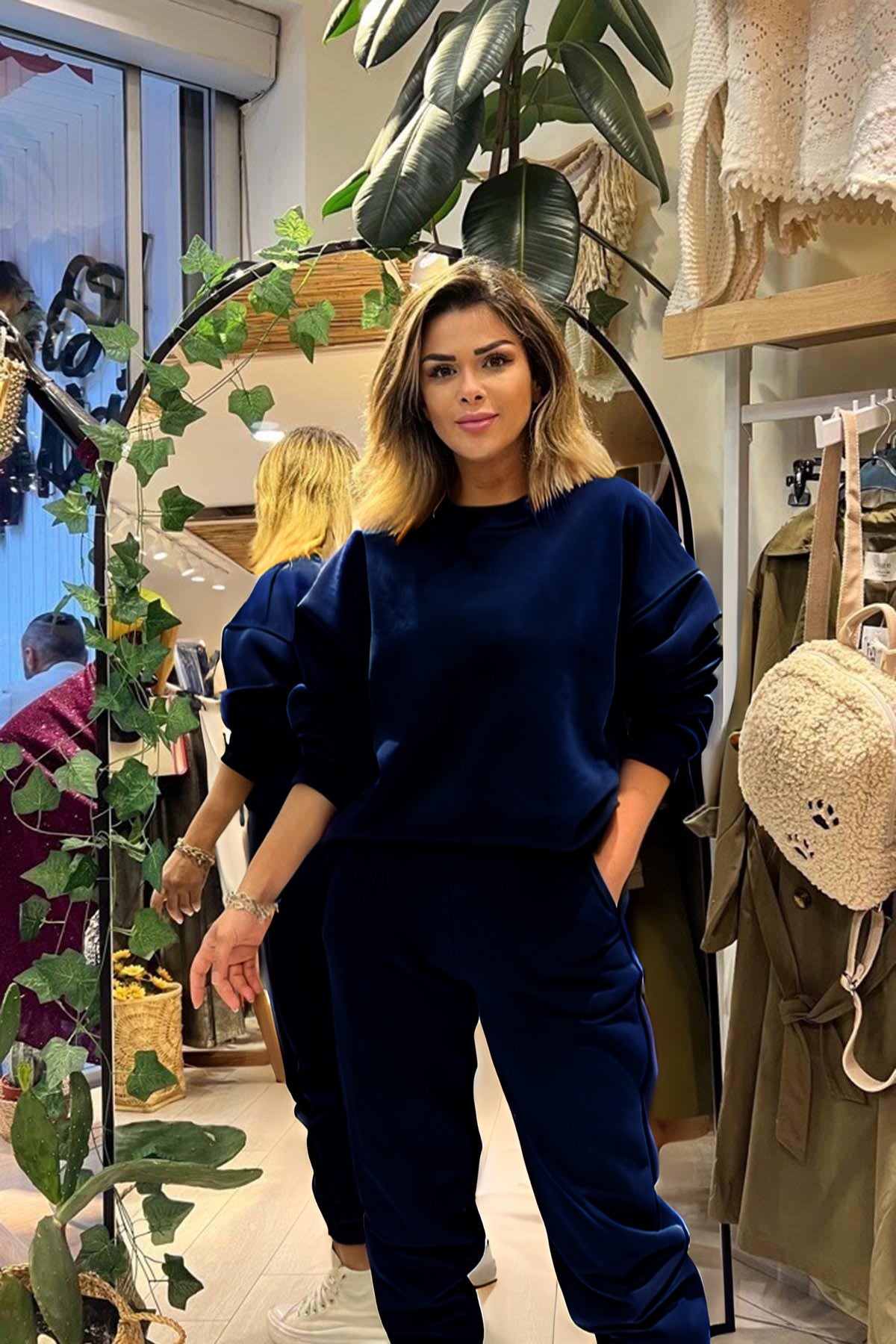 Kadın Bisiklet Yaka Oversize Şardonlu Eşofman Takımı - Lacivert - 3