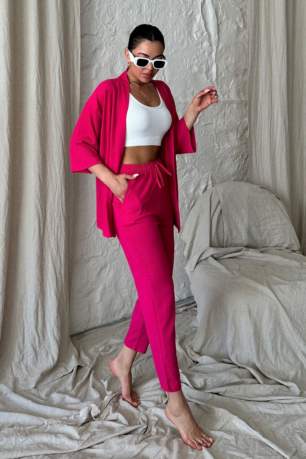 Kadın Dökümlü Bürümcük Yazlık Palazzo Kimono Takım - Pembe - 5