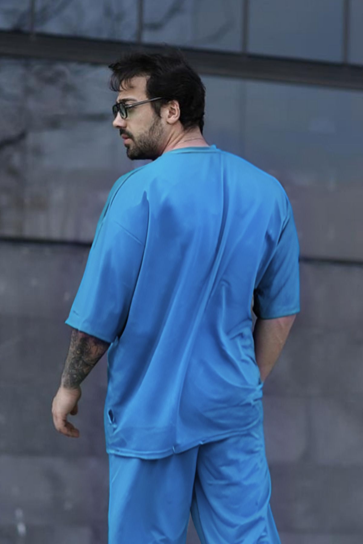 Erkek Oversize Pamuklu Nefes Alan T-shirt - İndigo - 3