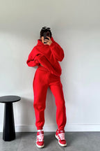 Kadın Oversize Trend Model Kanguru Cep Kapşonlu Sweatshirt Eşofman Takımı - Canlı Kırmızı - 2