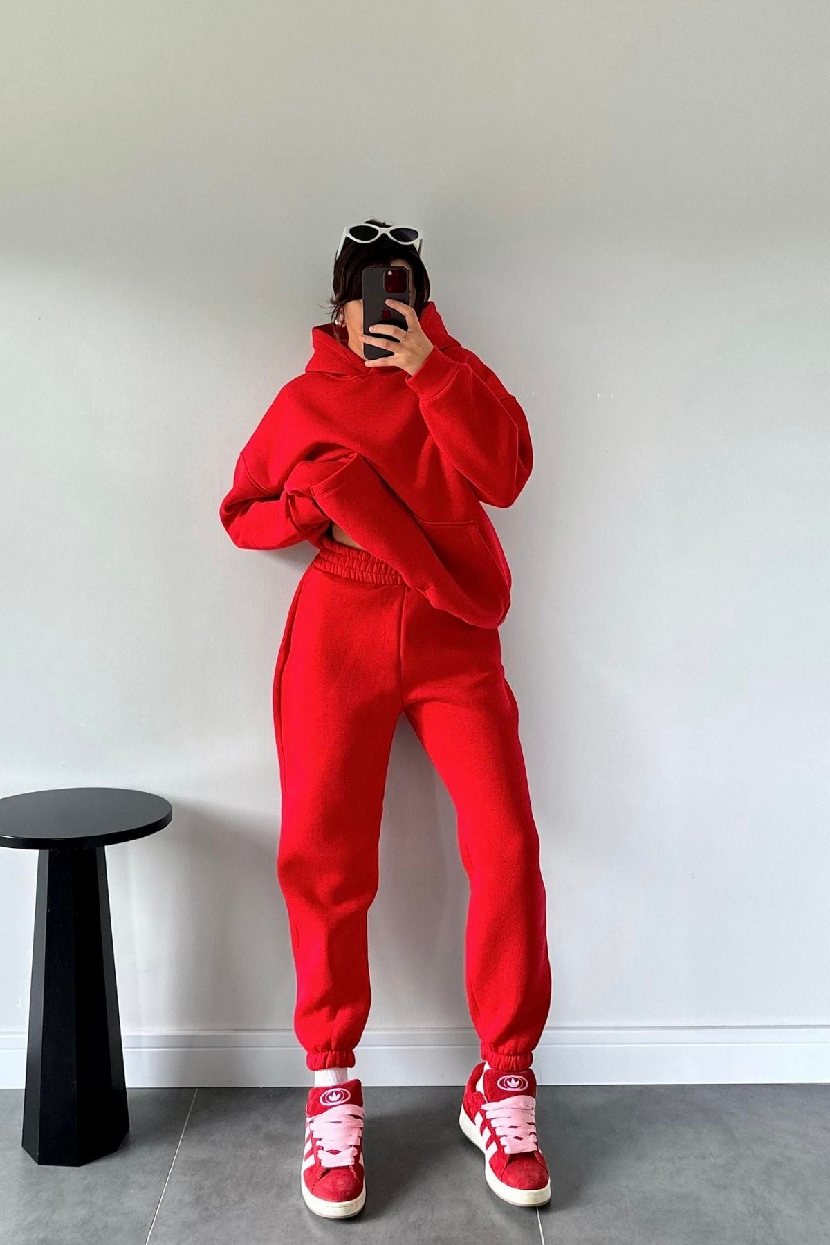 Kadın Oversize Trend Model Kanguru Cep Kapşonlu Sweatshirt Eşofman Takımı - Canlı Kırmızı - 2