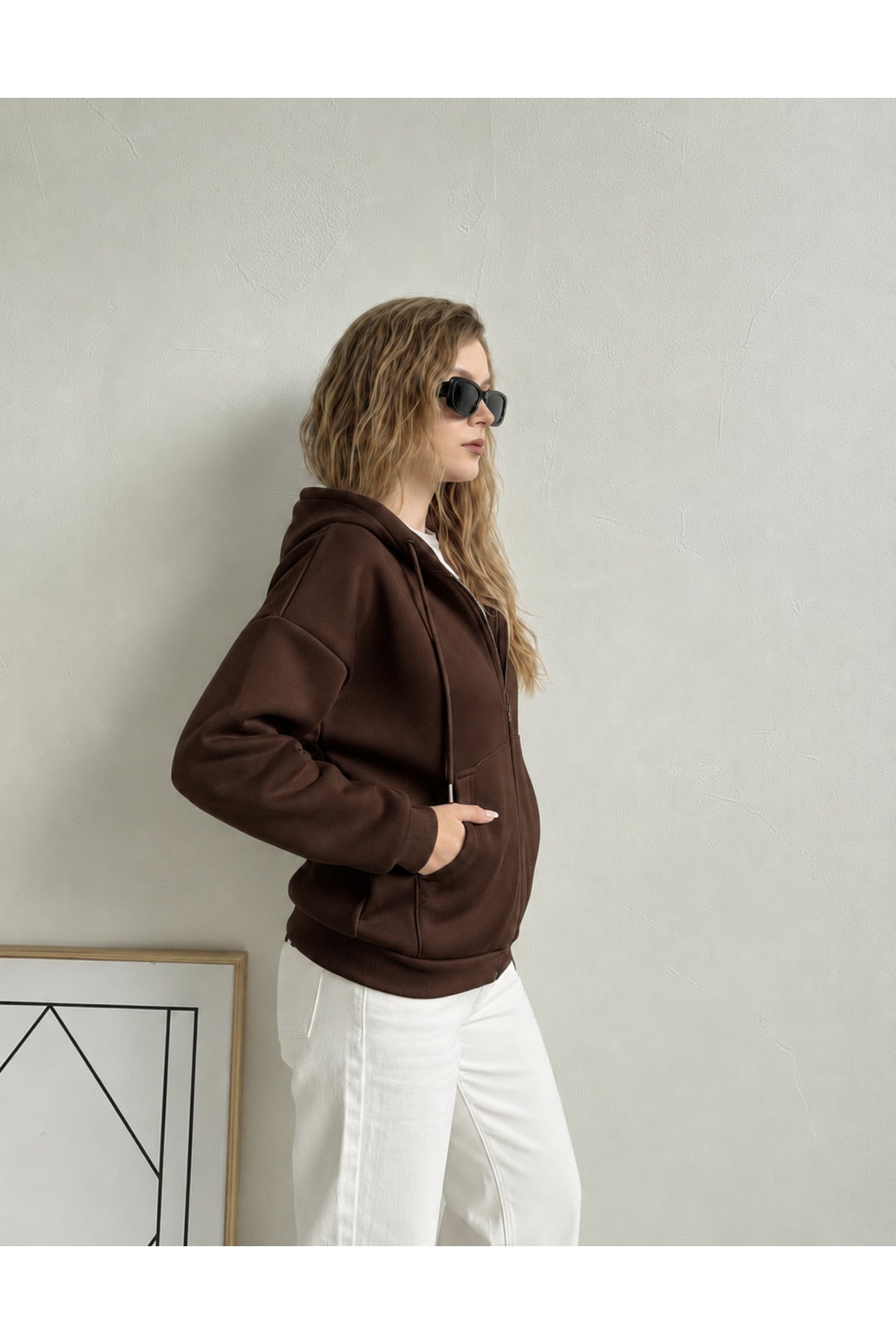 Kadin 3 İ̇pli̇k Kapüşonlu Fermuarli Oversi̇ze Sweatshirt Hirka - Kahverengi - 2