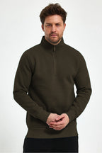 Erkek Yarım Fermuar Dik Yaka Uzun Kollu 3 İ̇plik Sweatshirt - Haki - 3