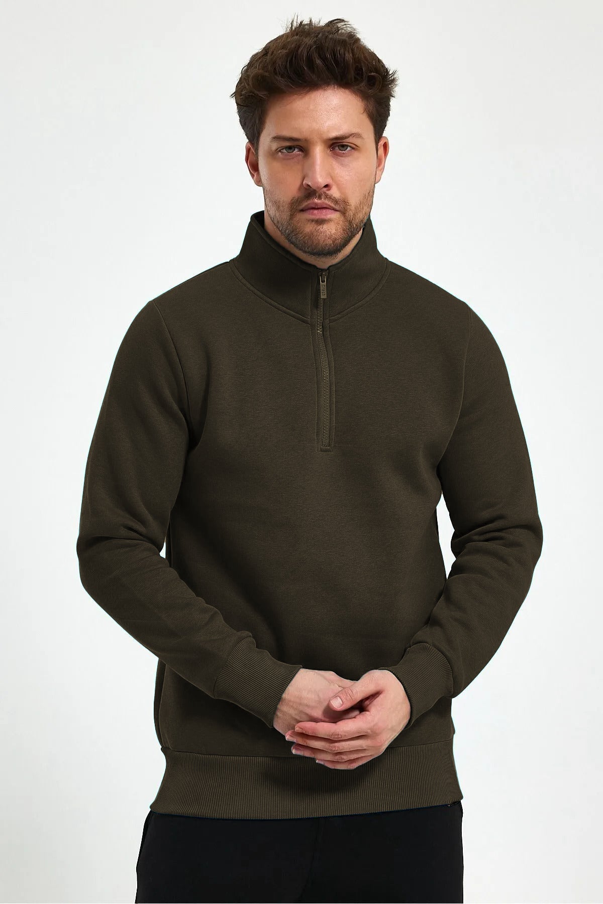 Erkek Yarım Fermuar Dik Yaka Uzun Kollu 3 İ̇plik Sweatshirt - Haki - 3
