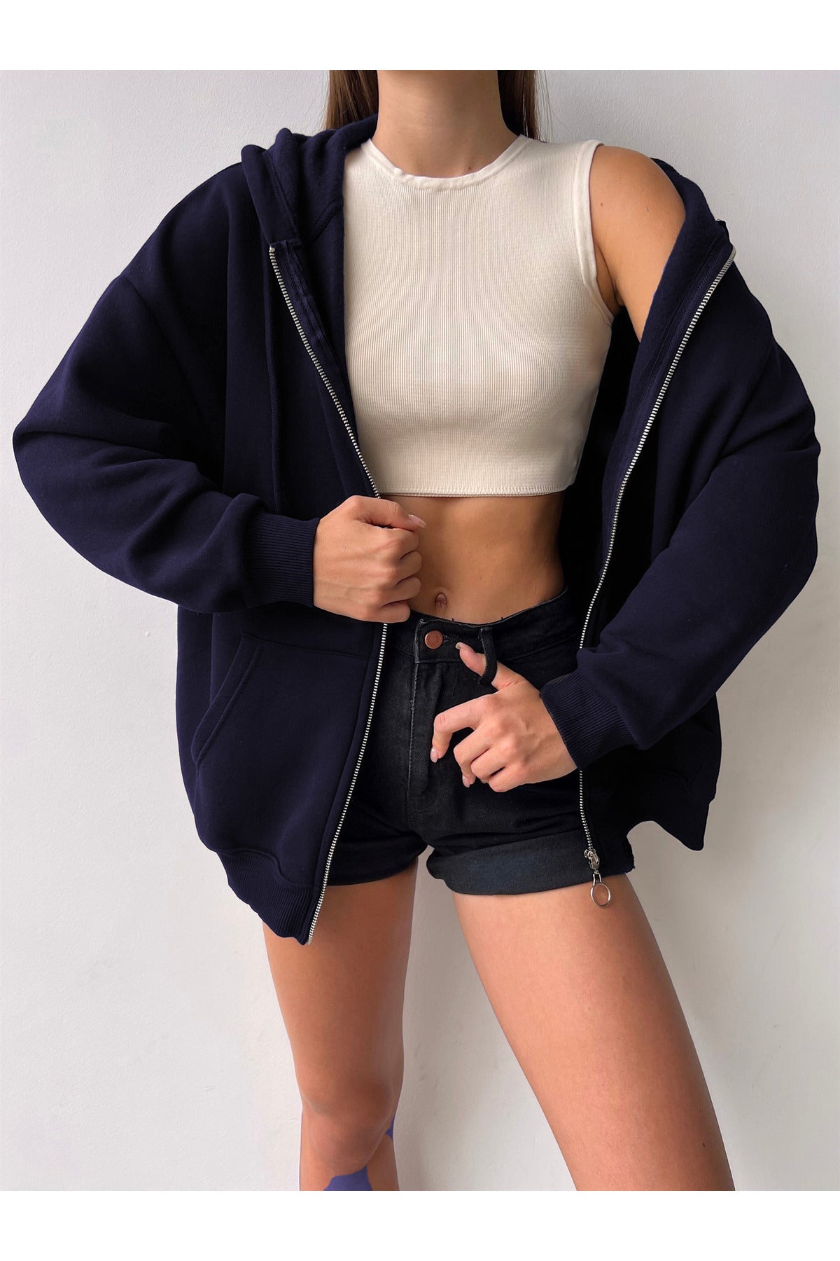 Kadın Lacivert Bol Salaş Basic Model Baskısız Hırka - Lacivert - 2