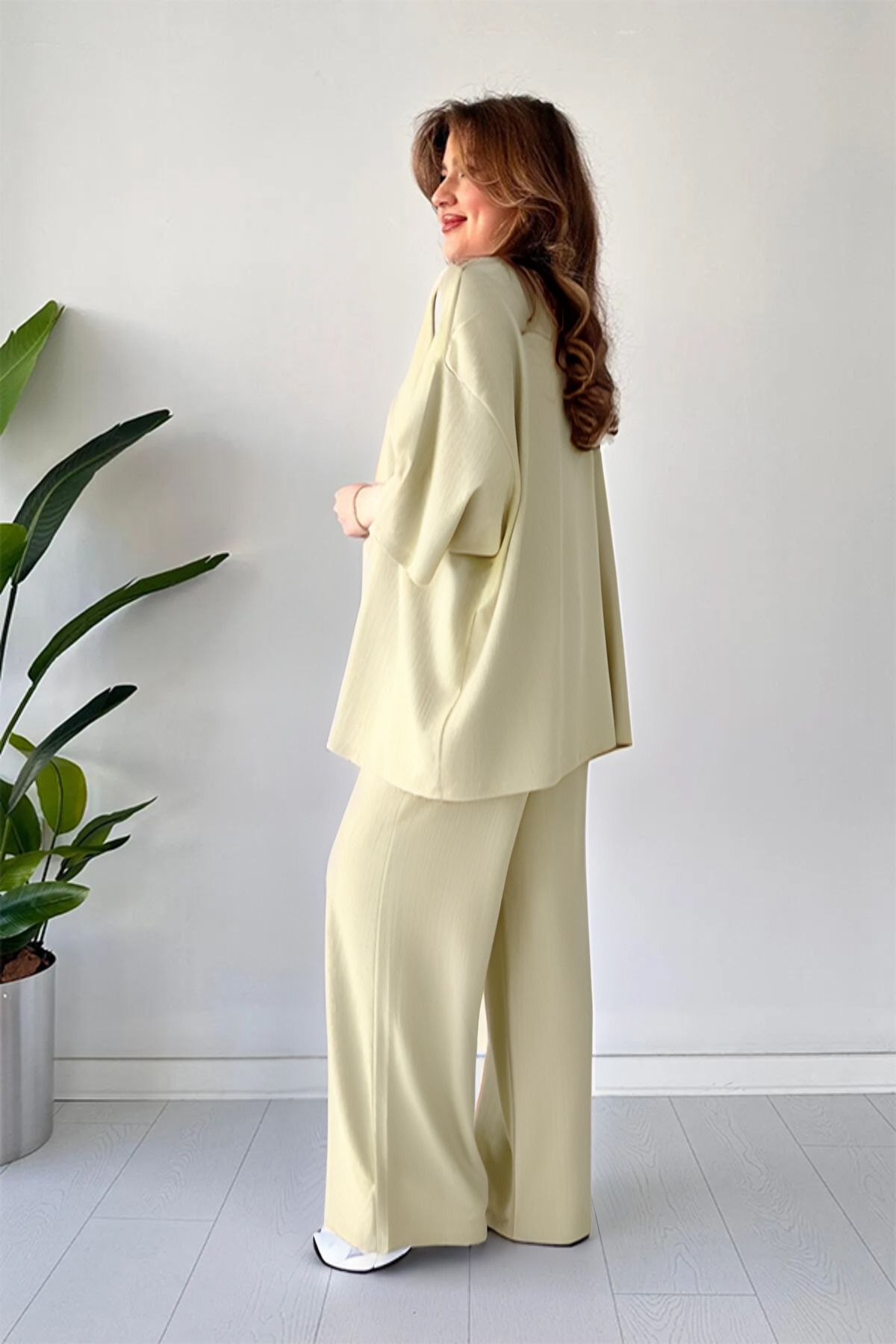 Kadın Dökümlü Bürümcük Yazlık Kimono Takım - Bej - 2