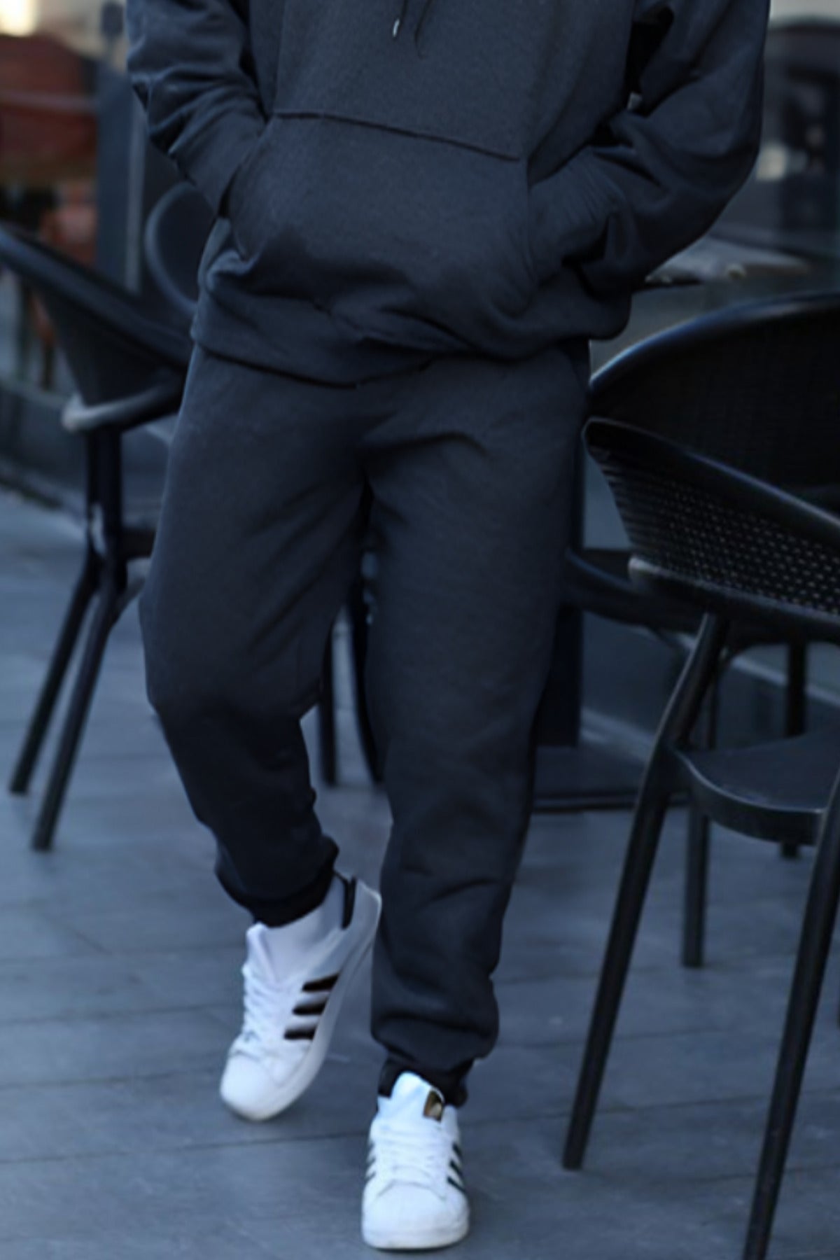 Erkek Yan Cepli Jogger Paçası Lastikli Eşofman Altı - Füme - 2