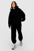 Kadın 3 İ̇plik Kanguru Cep Kapşonlu Hoodie Paçası Lastikli Kalın Eşofman Takımı - Siyah - 1