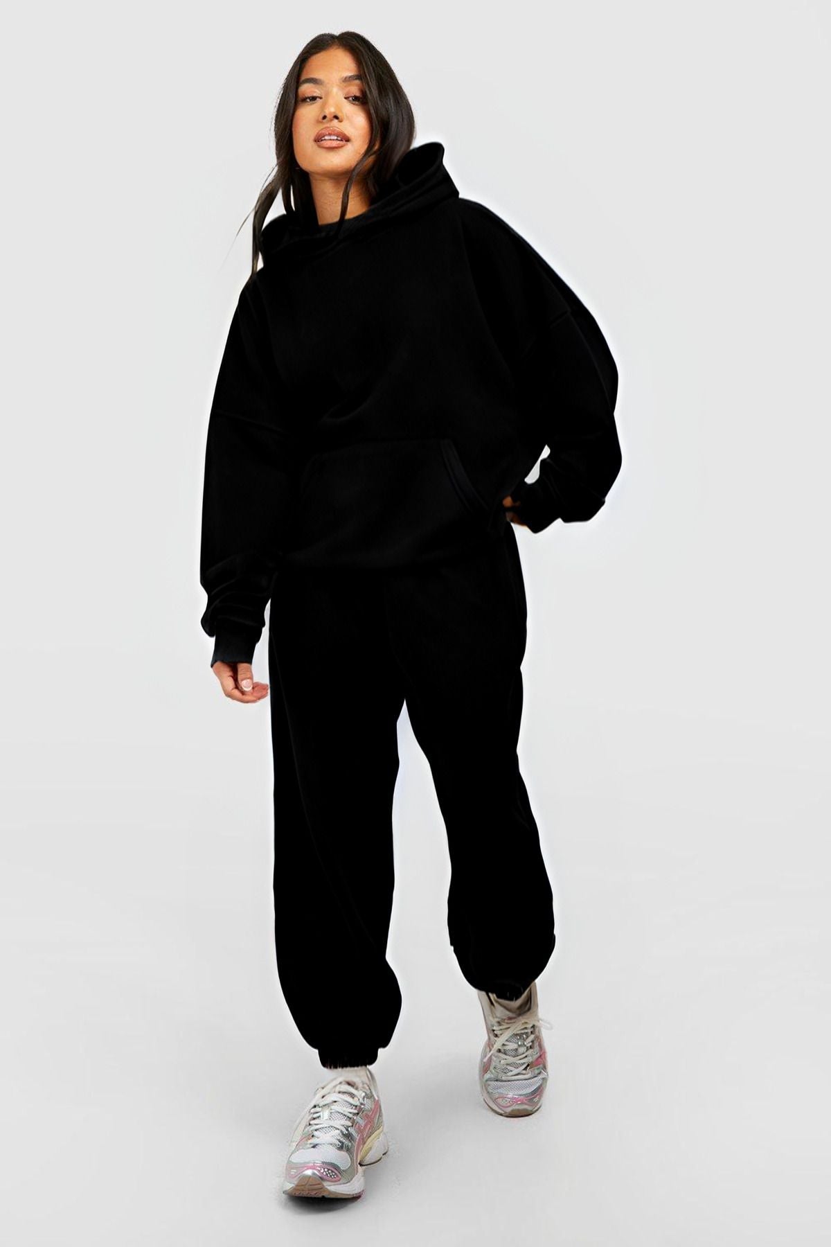 Kadın 3 İ̇plik Kanguru Cep Kapşonlu Hoodie Paçası Lastikli Kalın Eşofman Takımı - Siyah - 1