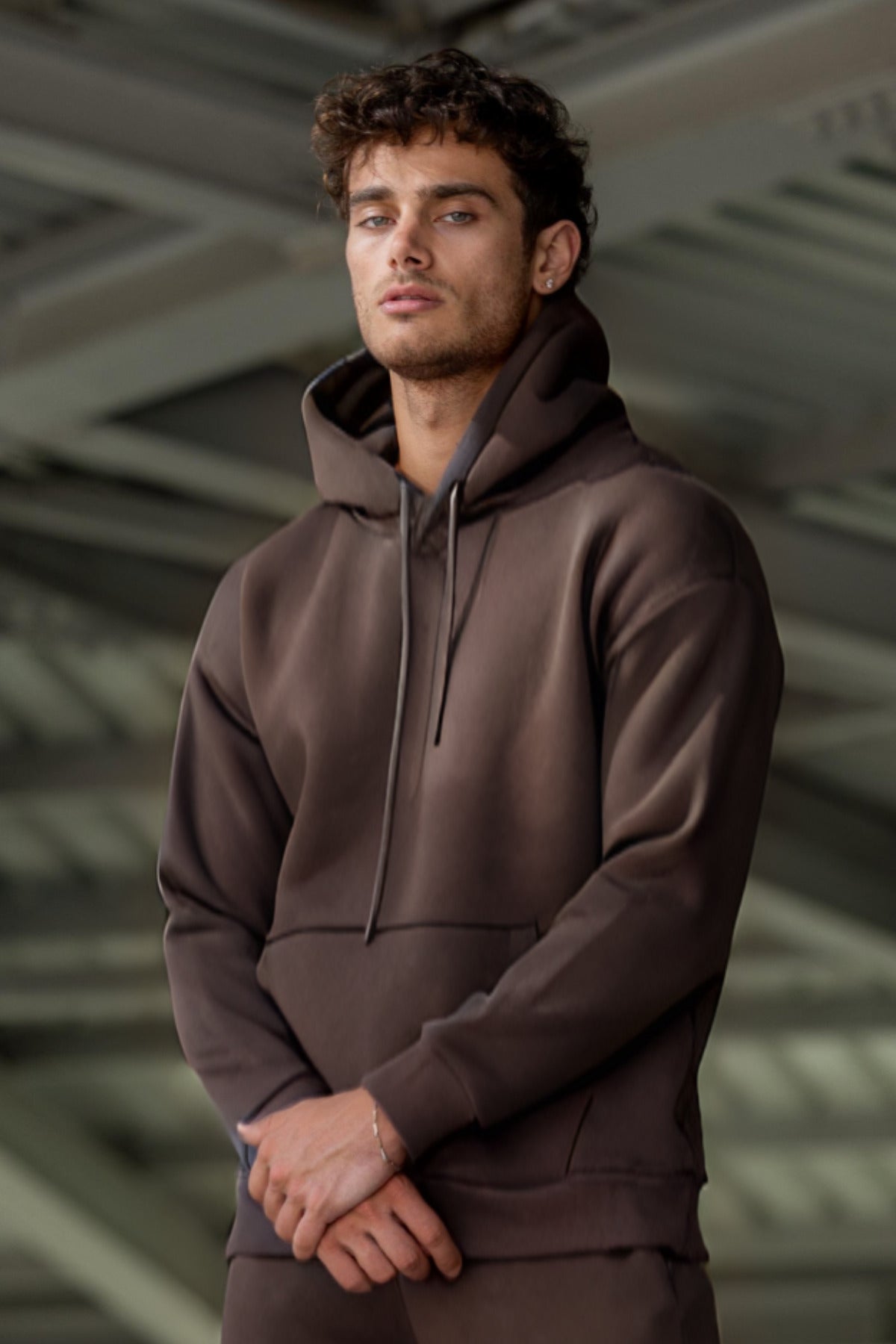 Erkek Ribanalı Kapşonlu Yaka Sweatshirt 3 İplik - Kahverengi - 2