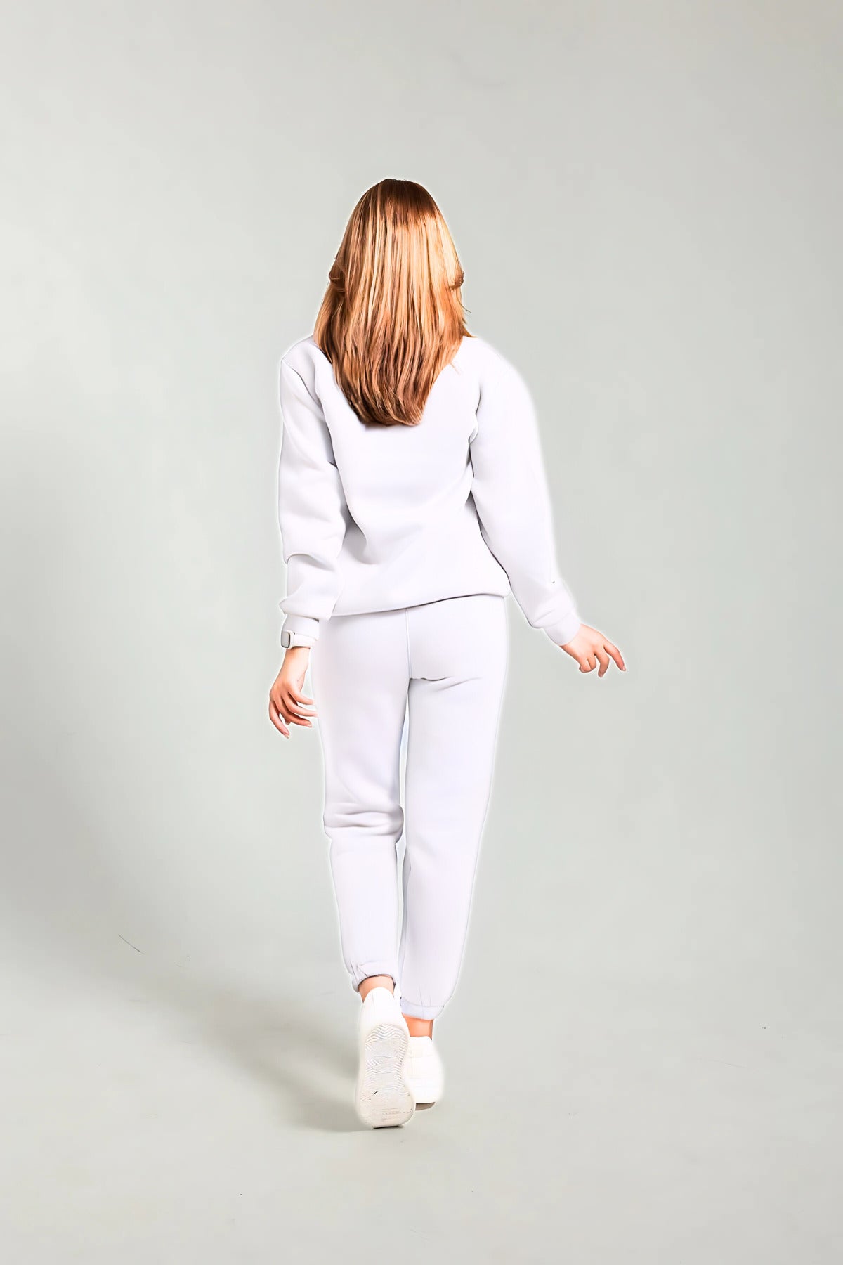 Sweatshirt Jogger Beli Ve Paçası Lastikli Kadın 3 İplik Eşofman Takımı Pamuklu - Beyaz - 3