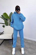 Kadın Oversize Trend Model Kanguru Cep Kapşonlu Sweatshirt Eşofman Takımı - Turkuaz - 1