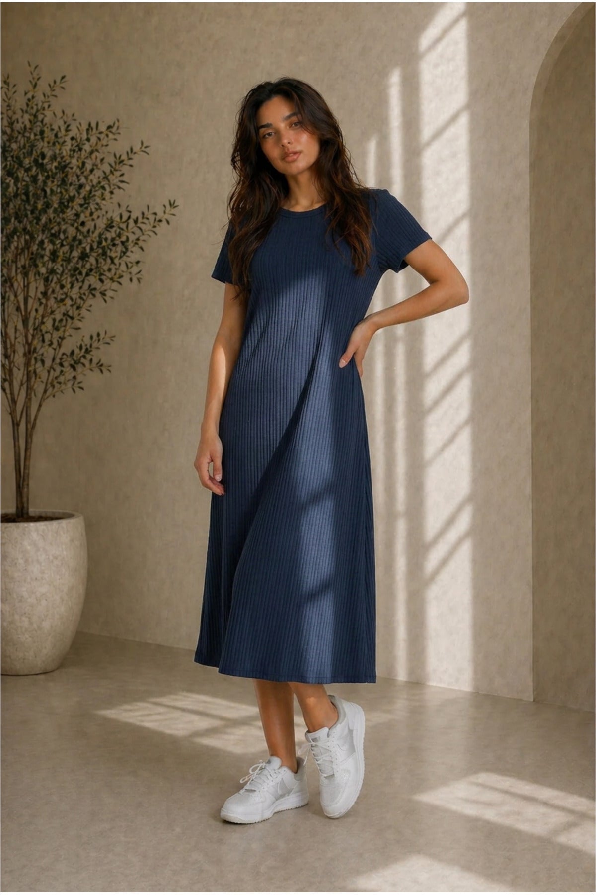 Kadın Fitilli Oversize Basic Bisiklet Yaka Elbise Günlük Rahat Kalıp - Lacivert - 2