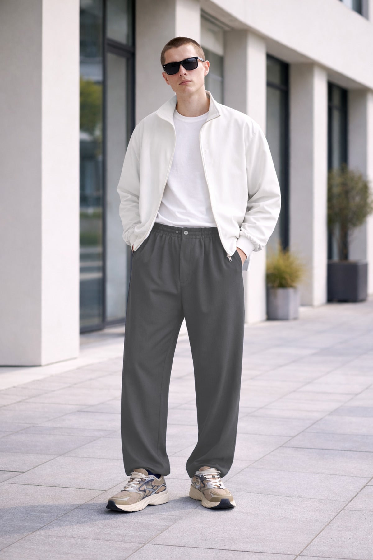 Erkek Lastikli Bel Kumaş Baggy Pantolon - Füme - 2