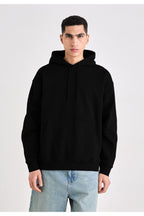 Erkek Düz Okul Lise Hoodie Sweatshirt - Siyah - 1